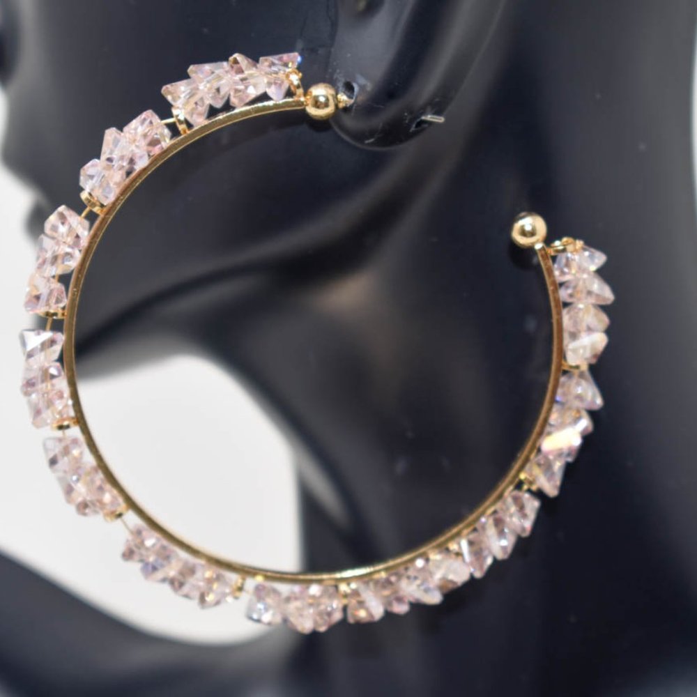 Peach Pyramid Cut Crystal Gold Tone Hoop Earrings